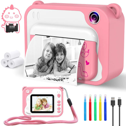 Kids Digital Dinosaur Camera Instant Print with 32G SD Card (Pink)